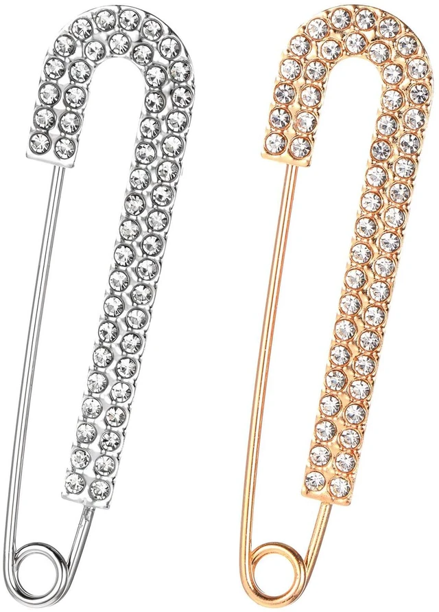Main image of 2 PCS Rhinestone Safety Pin Brooch, Decorative Pins for Clothing Decorative Safety Pins for Clothing, Silver and Gold Safety Pins Large Crystal Metal Elegant Shawl Clips for Women Skirts Scarf Shirt