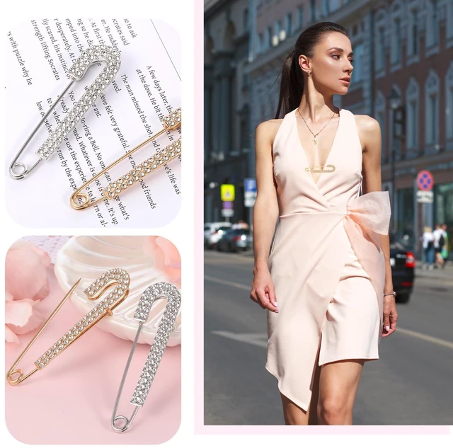Alt view image 4 of 7 - 2 PCS Rhinestone Safety Pin Brooch, Decorative Pins for Clothing Decorative Safety Pins for Clothing, Silver and Gold Safety Pins Large Crystal Metal Elegant Shawl Clips for Women Skirts Scarf Shirt