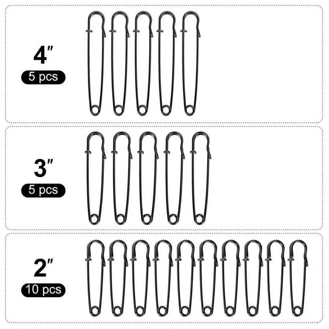 Alt view image 2 of 2 - Bulk Pack of 20 Black Heavy-Duty Safety Pins Assorted Sizes (2", 3", 4") Extra-Sturdy Pins for Blankets, Skirts and Crafts