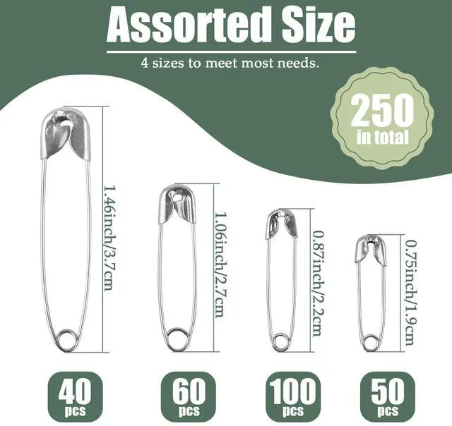 Alt view image 3 of 6 - 250 Pack Safety Pins, 4 Different Sizes Silver Metal Pins for Arts Crafts Sewing, Assorted Sizes for Sewing and Clothing Repair