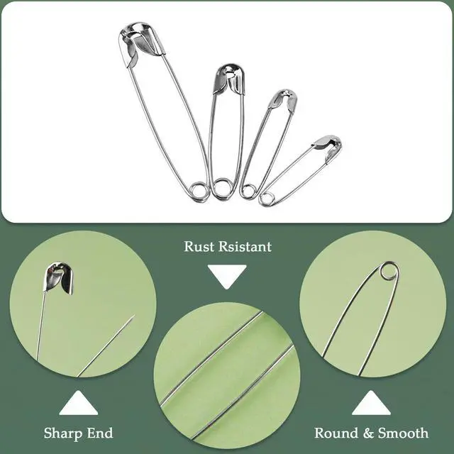 Alt view image 2 of 6 - 250 Pack Safety Pins, 4 Different Sizes Silver Metal Pins for Arts Crafts Sewing, Assorted Sizes for Sewing and Clothing Repair