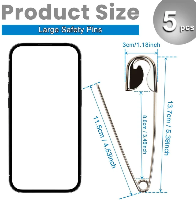 Alt view image 2 of 6 - 5 Pieces Large Safety Pins 5 Inch Metal Jumbo Safety Pin Silver Heavy Duty Safety Pins for Laundry, Blanket, Key Rings, Outdoor