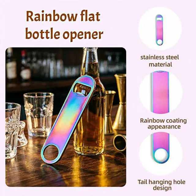 Alt view image 3 of 7 - Rainbow Stainless Steel Flat Bottle Opener, Heavy Duty Manual Bottle Opener, Portable Pocket Opener Tool for Bar, Kitchen, Dining Room, Party & Daily Use (5 Inch)