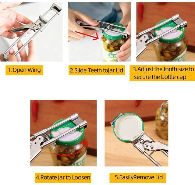 Alt view image 6 of 7 - Adjustable Stainless Steel Jar Opener for Seniors & Weak Hands, Bottle Lid Opener Tool with Non-Slip Grip, Easy Manual Canning Jar Cap Cracker Openers for Jars, Tops, Cans. (1)