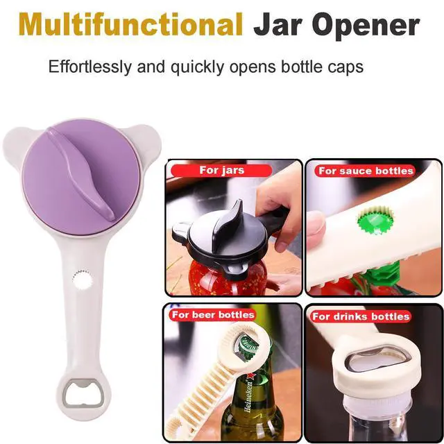 Alt view image 2 of 6 - 4-in-1 Multi-Functional Retractable Jar & Bottle Opener, Adjustable Stainless Steel Jar Opener for Seniors & Arthritis Sufferers,Suitable for 1''-3.5'' Jars, Bottles, Cans,Beer Caps (Purple)