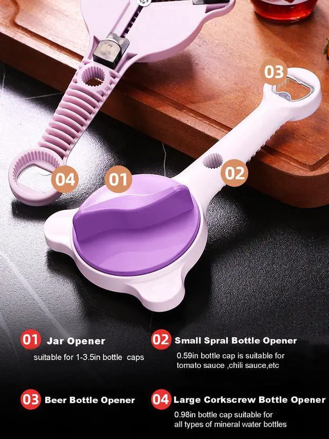 Alt view image 5 of 6 - 4-in-1 Multi-Functional Retractable Jar & Bottle Opener, Adjustable Stainless Steel Jar Opener for Seniors & Arthritis Sufferers,Suitable for 1''-3.5'' Jars, Bottles, Cans,Beer Caps (Purple)
