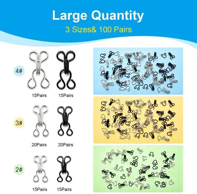 Alt view image 2 of 7 - 100 Pairs Hook and Eye Fasteners, 3 Sizes Hidden Metal Sewing Closures | Black and silver rust-proof heavy-duty clasps. Perfect for bras, lingerie, corsets, dresses, garment repair and DIY crafts