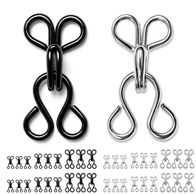 Main image of 100 Pairs Hook and Eye Fasteners, 3 Sizes Hidden Metal Sewing Closures | Black and silver rust-proof heavy-duty clasps. Perfect for bras, lingerie, corsets, dresses, garment repair and DIY crafts
