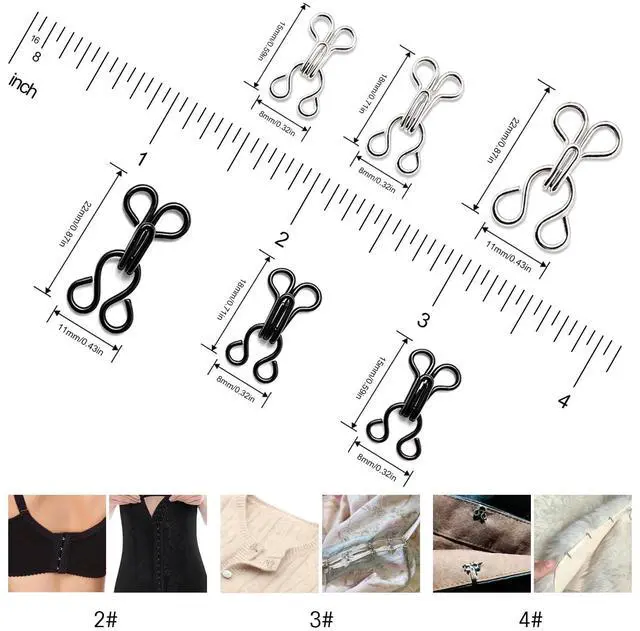 Alt view image 3 of 7 - 100 Pairs Hook and Eye Fasteners, 3 Sizes Hidden Metal Sewing Closures | Black and silver rust-proof heavy-duty clasps. Perfect for bras, lingerie, corsets, dresses, garment repair and DIY crafts