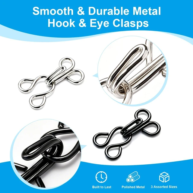 Alt view image 4 of 7 - 100 Pairs Hook and Eye Fasteners, 3 Sizes Hidden Metal Sewing Closures | Black and silver rust-proof heavy-duty clasps. Perfect for bras, lingerie, corsets, dresses, garment repair and DIY crafts