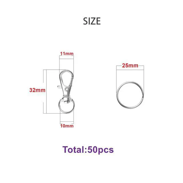 Alt view image 2 of 7 - 50pcs Swivel Snap Hooks with Split Key Rings Metal Silver Lobster Claw Trigger Clasps for Keychain Clip Lanyard Bag Purse Tag Jewelry Making Crafts Length 1.26inch(32mm) Inside Width 0.39inch(10mm)
