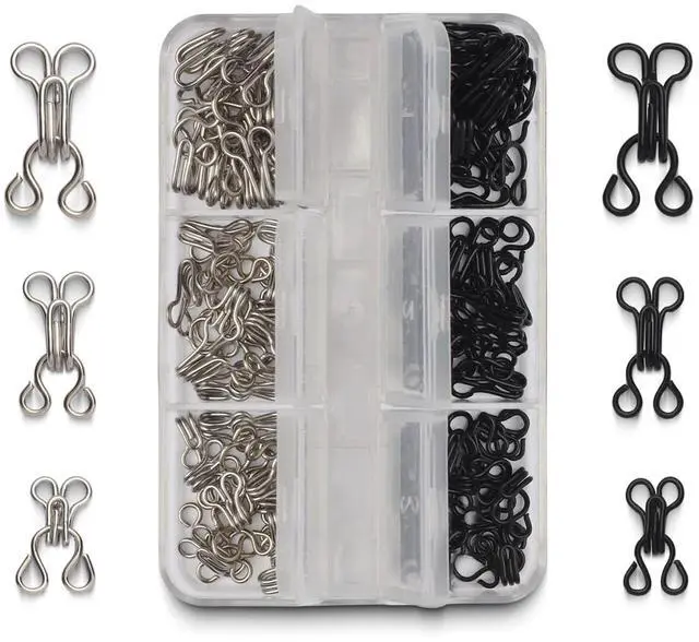Main image of 72 Pairs Hook and Eye Sewing Kit Black and Silver Bra Hooks Replacement in Multiple Sizes, Ideal for DIY Clothing Repairs, Underwear Alteration, and Home Sewing, with Storage Box