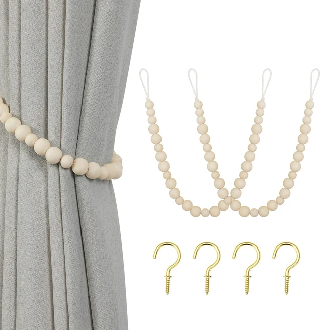 Main image of Wood Bead Curtain Tiebacks, 2 Pack Curtain Tie Backs with Hooks | Curtain Holdbacks for Thin or Thick Window Draperies, Boho Curtain Holders for Home Office Room Decor