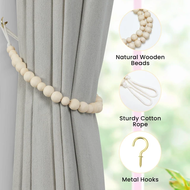 Alt view image 3 of 7 - Wood Bead Curtain Tiebacks, 2 Pack Curtain Tie Backs with Hooks | Curtain Holdbacks for Thin or Thick Window Draperies, Boho Curtain Holders for Home Office Room Decor