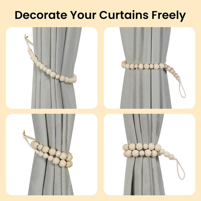 Alt view image 4 of 7 - Wood Bead Curtain Tiebacks, 2 Pack Curtain Tie Backs with Hooks | Curtain Holdbacks for Thin or Thick Window Draperies, Boho Curtain Holders for Home Office Room Decor