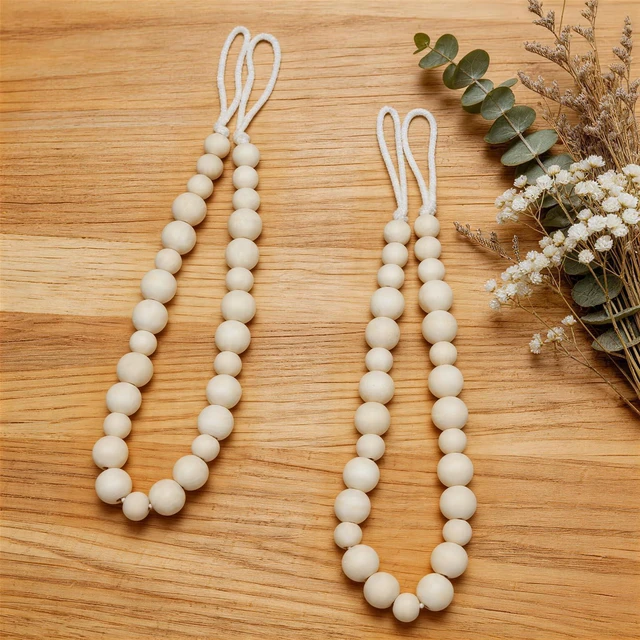 Alt view image 5 of 7 - Wood Bead Curtain Tiebacks, 2 Pack Curtain Tie Backs with Hooks | Curtain Holdbacks for Thin or Thick Window Draperies, Boho Curtain Holders for Home Office Room Decor