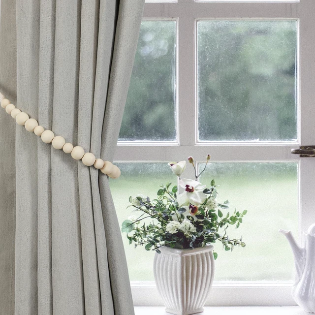 Alt view image 6 of 7 - Wood Bead Curtain Tiebacks, 2 Pack Curtain Tie Backs with Hooks | Curtain Holdbacks for Thin or Thick Window Draperies, Boho Curtain Holders for Home Office Room Decor