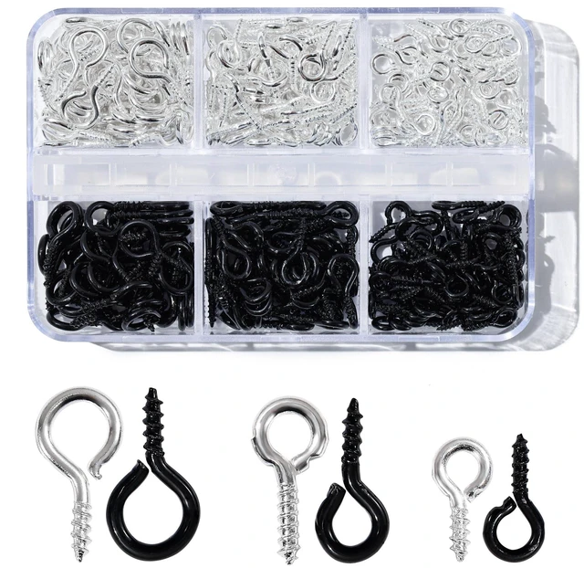 Main image of 300pcs Small Screw Pins Eye Pins Pendants for Jewelry Making & DIY Crafts, Mini Eye Screws for Art Projects & Bead Charms, Tiny Eye Hooks for Crafts (Silver &Black, 3 Sizes)