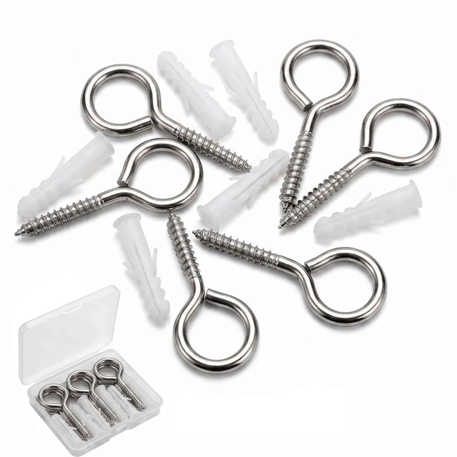 Main image of 6 Pack 304 Stainless Steel Eye Hook Screws with Expansion Anchors, 2.5 inch Heavy Duty Wall Hanging Screw Eye Bolts (M5)