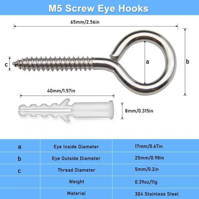 Alt view image 2 of 7 - 6 Pack 304 Stainless Steel Eye Hook Screws with Expansion Anchors, 2.5 inch Heavy Duty Wall Hanging Screw Eye Bolts (M5)