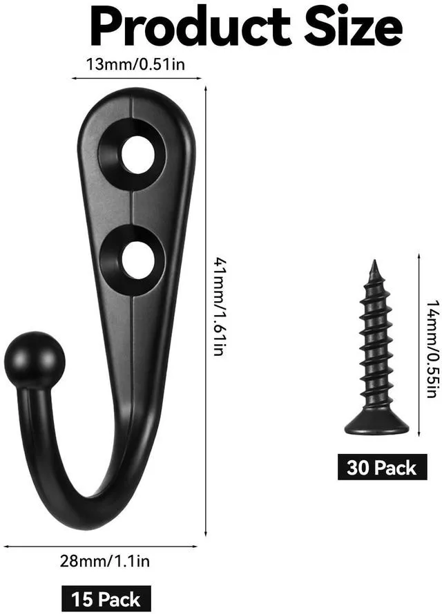 Alt view image 2 of 7 - 10 Pack Small Wall Hooks for Hanging, Metal Coat Hooks for Organizer | Black Metal Coat Hooks with Screws, Rustproof Heavy Duty Utility Hooks for Kitchen Keys Cups Entryway Bathroom Organizer Hook