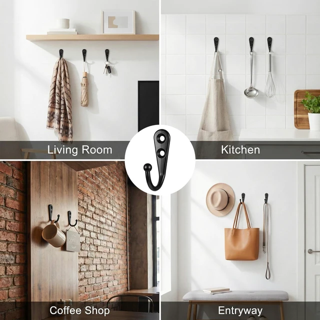 Alt view image 6 of 7 - 10 Pack Small Wall Hooks for Hanging, Metal Coat Hooks for Organizer | Black Metal Coat Hooks with Screws, Rustproof Heavy Duty Utility Hooks for Kitchen Keys Cups Entryway Bathroom Organizer Hook