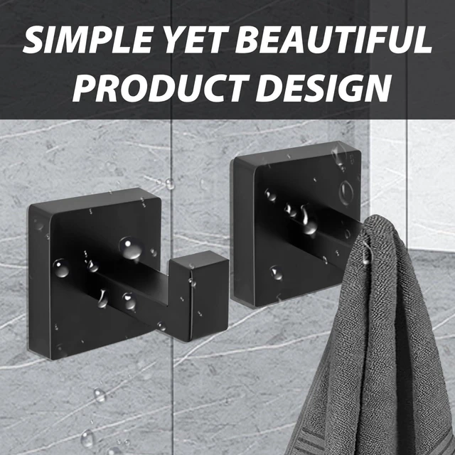 Alt view image 2 of 7 - 2 Pack Matte Black Square Towel Hook | Robe Hook for Bathrooms & Kitchen, Heavy Duty, Stainless Steel, Wall Mounted