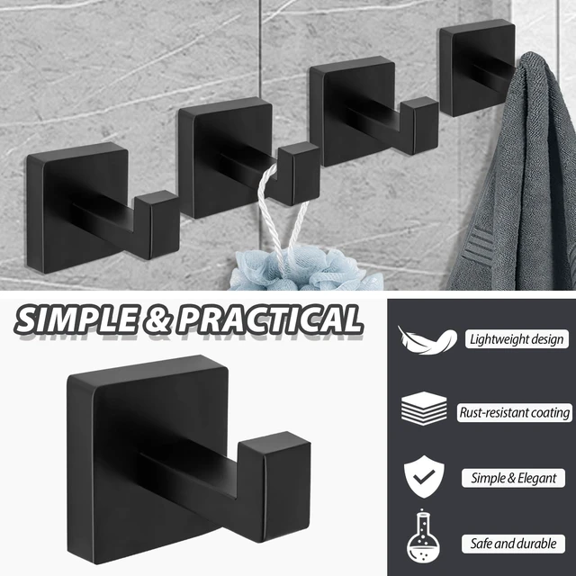 Alt view image 3 of 7 - 2 Pack Matte Black Square Towel Hook | Robe Hook for Bathrooms & Kitchen, Heavy Duty, Stainless Steel, Wall Mounted