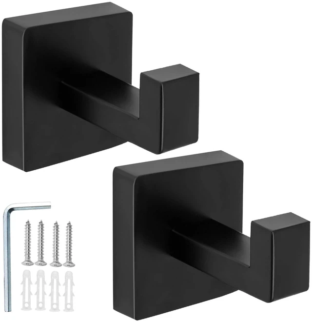 Main image of 2 Pack Matte Black Square Towel Hook | Robe Hook for Bathrooms & Kitchen, Heavy Duty, Stainless Steel, Wall Mounted