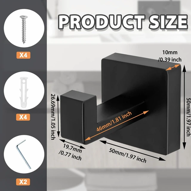 Alt view image 4 of 7 - 2 Pack Matte Black Square Towel Hook | Robe Hook for Bathrooms & Kitchen, Heavy Duty, Stainless Steel, Wall Mounted