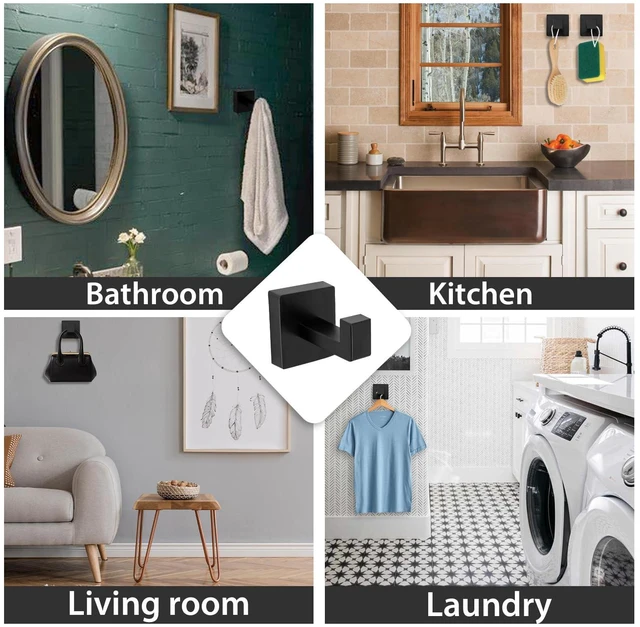 Alt view image 7 of 7 - 2 Pack Matte Black Square Towel Hook | Robe Hook for Bathrooms & Kitchen, Heavy Duty, Stainless Steel, Wall Mounted