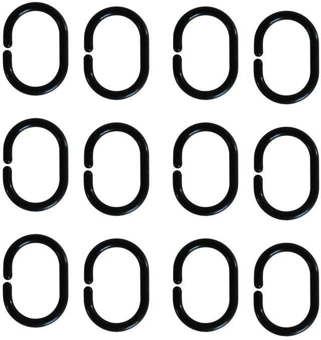 Main image of Shower Curtain Rings Plastic Shower Curtain Hooks C-Shaped Rings Hook Hanger Bath Drape Loop Clip Glide for Bathroom Shower Window Rod (Black, 12)
