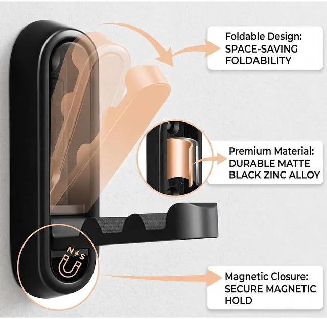 Alt view image 3 of 6 - 2 Pcs Folding Wall Hooks,40 Lbs Heavy Duty Foldable Wall Hooks,Folding Coat Hooks,Folding Hooks,Space Saving Folding Wall Hanger for Bathroom Bedroom Entryway Closet,Includes Screws(Black)