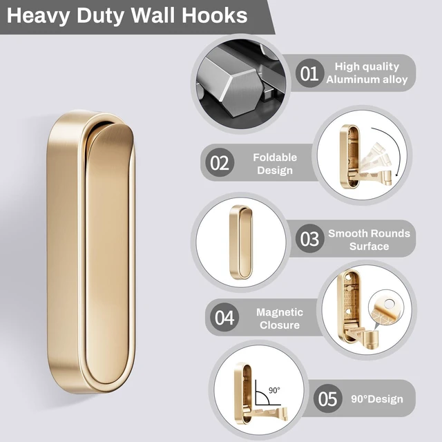 Alt view image 3 of 7 - Folding Coat Hooks, Heavy Duty Foldable Wall Hooks for Hanging Coats Made of Aluminum Alloy, Towels, Hats, Robes, Bags, Keys for Bathroom, Kitchen, Bedroom, Door (2, Gold)