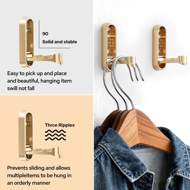 Alt view image 5 of 7 - Folding Coat Hooks, Heavy Duty Foldable Wall Hooks for Hanging Coats Made of Aluminum Alloy, Towels, Hats, Robes, Bags, Keys for Bathroom, Kitchen, Bedroom, Door (2, Gold)