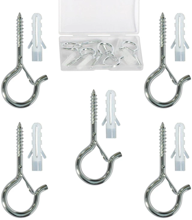Main image of 5-Pack Heavy Duty 2.08-Inch SilverScrew Hooks - Rustproof Metal with Safety Lock, 30LB CapacityIncludes Storage Case & Plastic Caps (5, Silver)