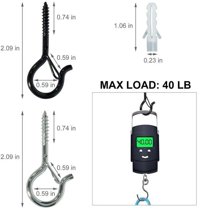 Alt view image 2 of 7 - 5-Pack Heavy Duty 2.08-Inch SilverScrew Hooks - Rustproof Metal with Safety Lock, 30LB CapacityIncludes Storage Case & Plastic Caps (5, Silver)