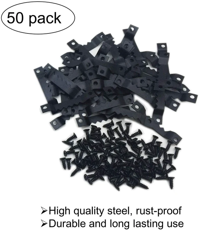 Alt view image 4 of 7 - 50 Pack Small Metal Sawtooth Picture Hangers with Screws (Black) | Metal Picture Hanging Kit, Picture Frames Hooks, Picture Hanging Hardware for Photo Frames, Artwork, Paintings, Clock, Canvas
