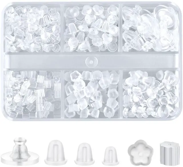 Main image of 6 Styles Silicone Earring Backs, 600 Clear Soft Hypoallergenic Plastic Rubber Earring Backs Clutch Stoppers Kits for Fish Hook Hoops