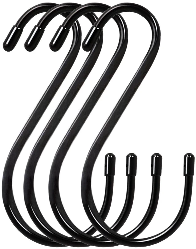 Main image of 6 Inch S Hooks 4-Pack Large Closet S Hooks for Hanging Plants, Jeans, Pans, Black, Vinyl Coated Steel Metal Rubber