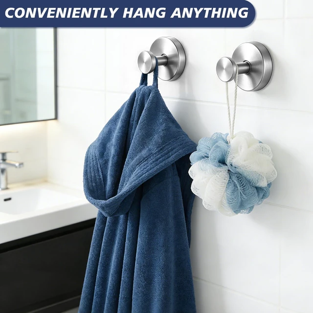 Alt view image 2 of 7 - Suction Cup Towel Hooks for Bathroom Glass Mirror, Brushed Nickel | Premium Stainless Steel | Damage-Free Twist Lock Adhesion | Rustproof Wall Hangers for Mirrors, Tiles & Windows