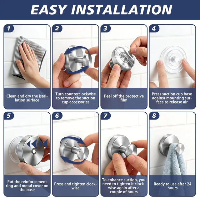 Alt view image 6 of 7 - Suction Cup Towel Hooks for Bathroom Glass Mirror, Brushed Nickel | Premium Stainless Steel | Damage-Free Twist Lock Adhesion | Rustproof Wall Hangers for Mirrors, Tiles & Windows