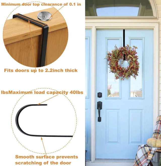 Alt view image 3 of 7 - 2 Pack 14' Wreath Hangers for Front Door, Wreath Hanger 40lb Load-Bearing, Metal Wreath Hanger for Welcome Sign, Door Decorations (Black)