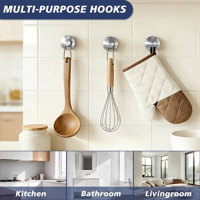 Alt view image 5 of 7 - Suction Cup Towel Hooks for Bathroom Glass Mirror, Brushed Nickel | Premium Stainless Steel | Damage-Free Twist Lock Adhesion | Rustproof Wall Hangers for Mirrors, Tiles & Windows
