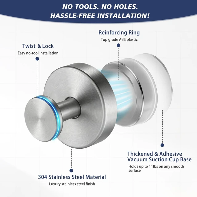 Alt view image 4 of 7 - Suction Cup Towel Hooks for Bathroom Glass Mirror, Brushed Nickel | Premium Stainless Steel | Damage-Free Twist Lock Adhesion | Rustproof Wall Hangers for Mirrors, Tiles & Windows
