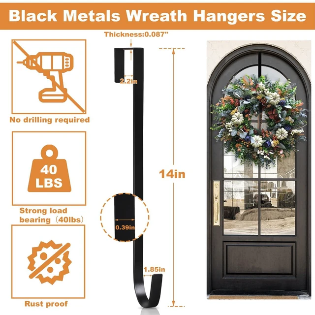 Alt view image 2 of 7 - 2 Pack 14' Wreath Hangers for Front Door, Wreath Hanger 40lb Load-Bearing, Metal Wreath Hanger for Welcome Sign, Door Decorations (Black)