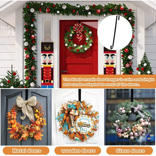 Alt view image 7 of 7 - 2 Pack 14' Wreath Hangers for Front Door, Wreath Hanger 40lb Load-Bearing, Metal Wreath Hanger for Welcome Sign, Door Decorations (Black)