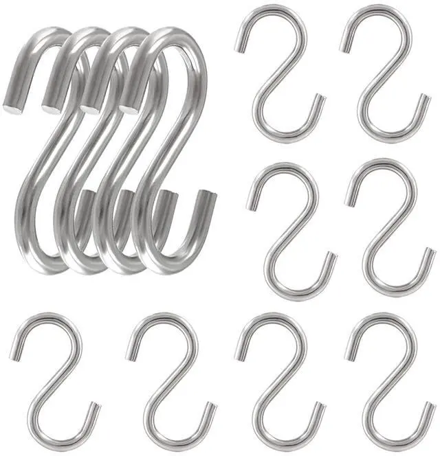 Main image of 304 Stainless Steel S Hooks 4mm Wire 12 Pack Silver | One-Piece Solid Build, Smooth Burr-Free Finish, 50mm Length, Strong Load Capacity, For Kitchen Bath Closet