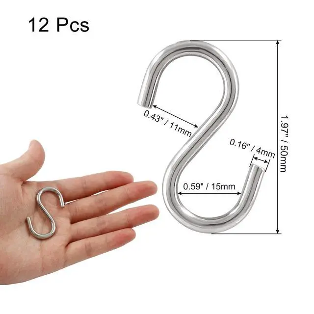 Alt view image 5 of 5 - 304 Stainless Steel S Hooks 4mm Wire 12 Pack Silver | One-Piece Solid Build, Smooth Burr-Free Finish, 50mm Length, Strong Load Capacity, For Kitchen Bath Closet
