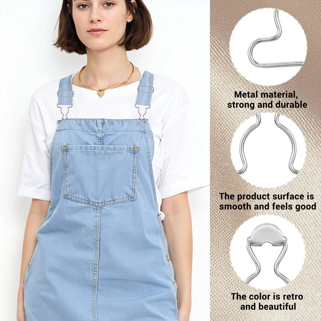 Alt view image 3 of 7 - 2Pairs Overall Buckles Replacement, Metal No Sew-Overall Clasp Replacement, Adjustable Dungaree Suspender Clips with Rectangle Buckle, Silver-Overall Hooks Overall Buckles for Jeans Straps Hardware